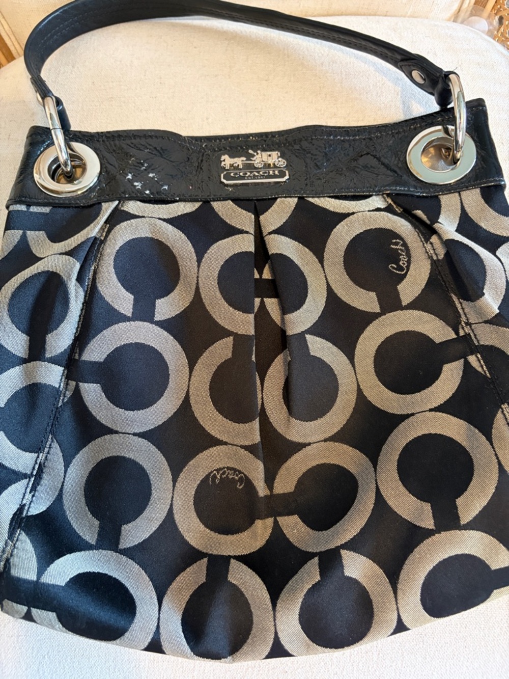Coach Black and Silver Signature 'C' Pattern Shoulder Bag